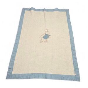 Vintage Beatrix Potter Peter Rabbit Baby Blanket Blue White Quilted Embroidered